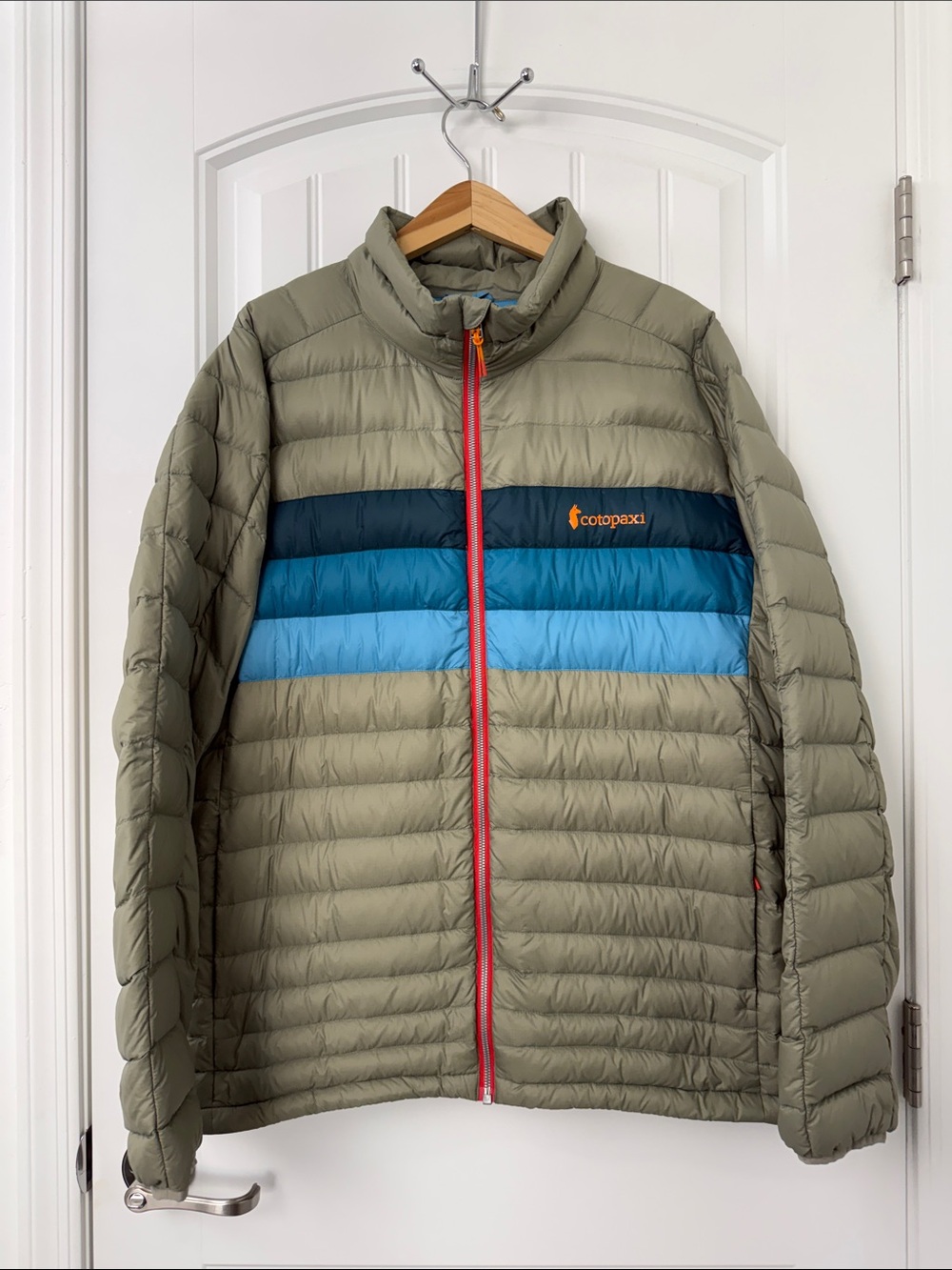Cotopaxi Men’s Fuego Down Jacket Stone Blue Stripe Size XL 90 Down 10 Feather